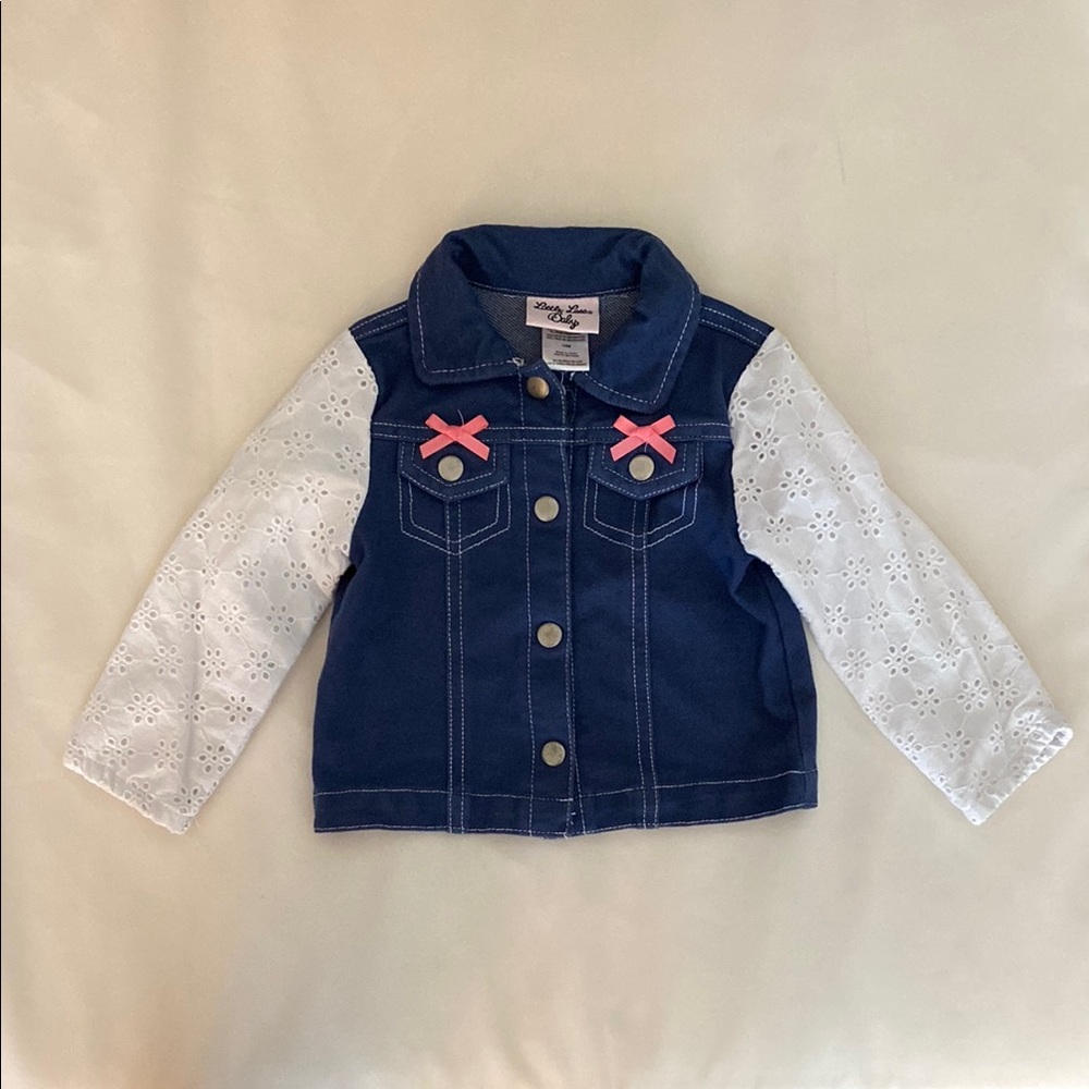 Little Lass Blue and White Jean Jacket with Floral Embroidery